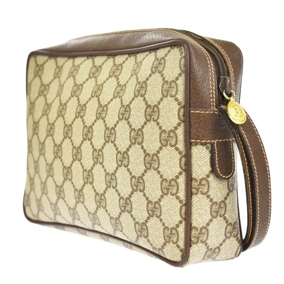 #3 GUCCI GG PATTERN SHERRY CLUTCH BAG PVC LEATHER BROWN USED - LIVE SHOW! - Picture 4 of 10